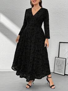 Firerie Plus Size Women Elegant Floral Olive Green Soft Mesh Print Loose A-Line Midi Dress, Comfortable For Casual Outings, Dates, Vacation - Black - View 6