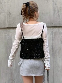 FRIFUL 女士圣诞亮片系带新年闪光上衣 - 黑色 - 查看 7