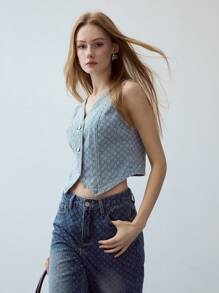 MOTF STUDIO TEXTURED SINGLE BREASTED DENIM VEST - Blue - View 5