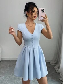 Elenzga Women's Light Blue V-Neck Cinched Waist Button Decor Mini Dress - Blue - View 1