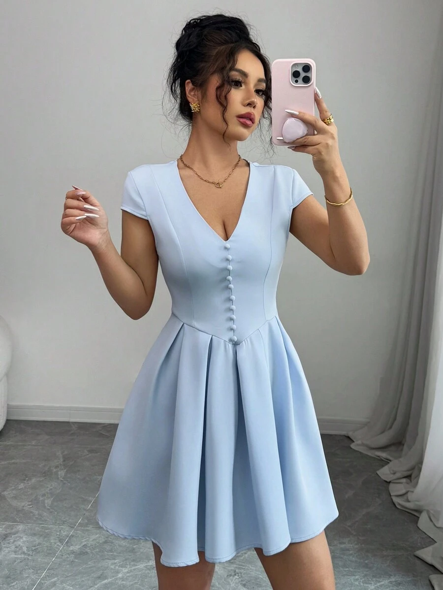 Elenzga Women's Light Blue V-Neck Cinched Waist Button Decor Mini Dress - Blue - View 1