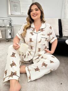 Set aus Top mit kurzen Ärmeln und Hose mit niedlichem Bären-Aufdruck - Aprikosenfarben - Übersicht 5