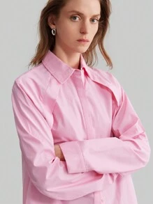 Ontre Women's Solid Color Front Button Pink Long Sleeve Blouse, Simple And Elegant, Suitable For Commuting And Daily Wear, Versatile - Pink - View 1