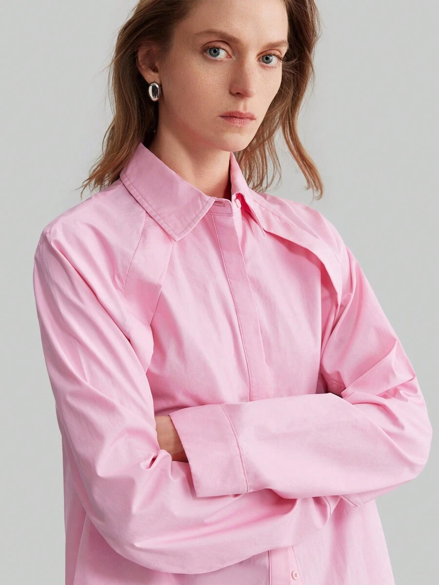 Ontre Women's Solid Color Front Button Pink Long Sleeve Blouse, Simple And Elegant, Suitable For Commuting And Daily Wear, Versatile - Pink - View 1