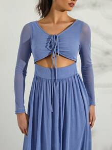 Glamine Vrouwen effen lange mouw mesh borst trekkoord midi-jurk - Elegante lente- en zomervakantiejurk, Valentijnsdag