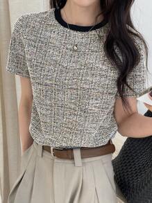 Dazy Star Women Casual/Work Commute Color Block Round Neck Short Sleeve T-Shirt Plaid - Apricot - View 6