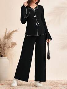 SHEIN 2pcs Maternity Bow Decor Flare Sleeve Blouse & Pants Sets - Black - View 4