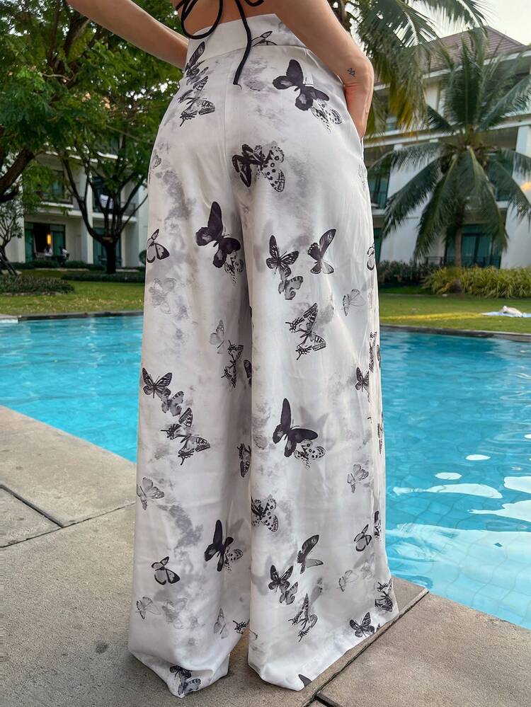 Bohemian Style Floral & Butterfly Pattern Wide Leg Pants, Suitable For Women In Spring & Summer,Teacher Pants