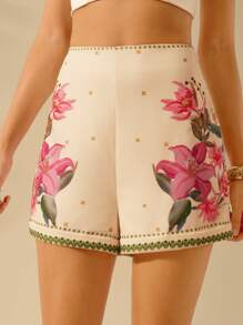 CAJUNI 女士彩色波西米亚风花卉和植物印花迷你短裤，夏季休闲海滩度假短裤 - 彩色 - 查看 1