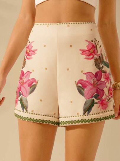 CAJUNI 女士彩色波西米亚风花卉和植物印花迷你短裤，夏季休闲海滩度假短裤