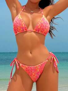 SHEIN Swim 2pcs Women's Ditsy Floral Bandeau Halter Bikini Set, Vacation Style Two-Piece Swimwear For Summer - Multicolor - View 3