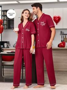 CoupledUp Letter Eyelash Print Contrast Color Trim V-Neck Top And Pants Women Pajama Set - Burgundy - View 2