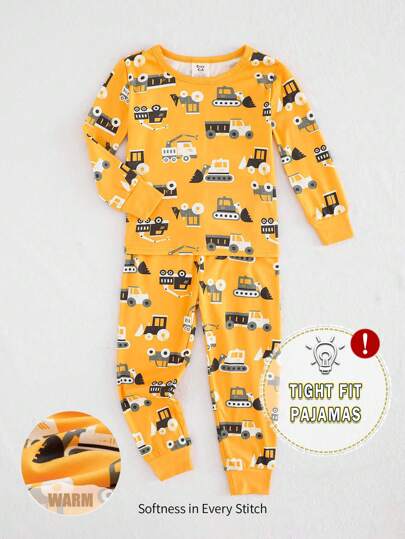 Cozy Pixies Young Boy Cartoon Car Print Snug Fit 2 Pieces Pajama Set - Long Sleeve Top & Pants