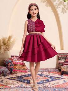 青少年女孩传统文化堆叠设计上衣 + 泡泡裙 2 件套 - 酒紅色 - 查看 4