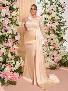Glamrae Plus Size Champagne Elegant Floral Sequin Embroidery Patchwork Satin High Split Draped Luxury Formal Evening Gown, Wedding Guest Dress, Party Dress