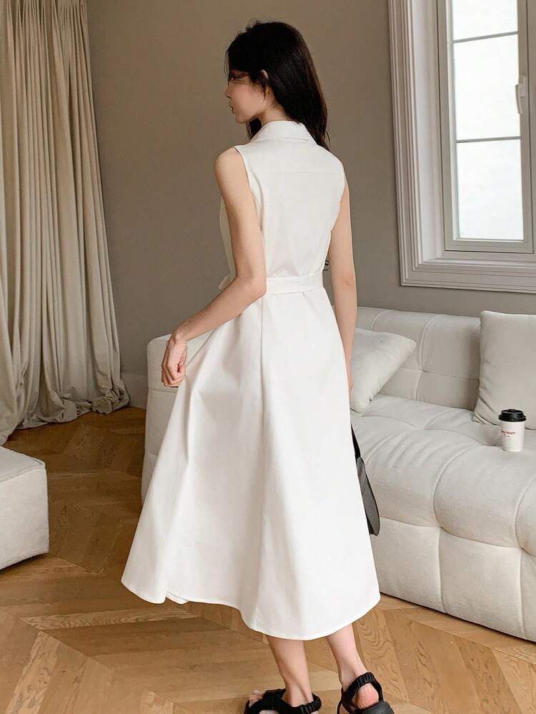 Embroidered Sleeveless Belted Mid-Length Dress For Women Sundress Shirt Dress,Casual Women Dresses