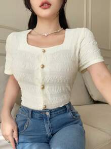 DAZY 女士纯色前扣短袖休闲衬衫，日常穿着 - 米色 - 查看 4