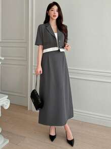 DAZY 女士两件套西装 - 撞色拼接短袖外套和半裙套装，秋季商务装 - 深灰色 - 查看 2