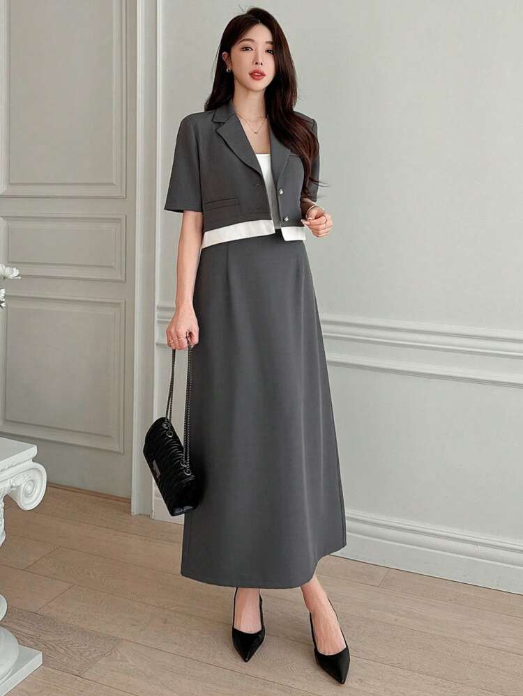 Women's Two-Piece Suit - Contrast Color Splicing Short Sleeve Jacket & Skirt Set,Fall Clothes Business Attire