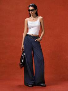 LYSMO Women's Simple Front Button Pocket Dark Blue Loose Wide Leg Jeans