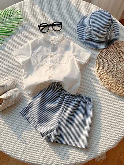 SHEIN LMoss Kids 3pcs/Set Baby Boy/Girl Blue & White Striped Summer Set: Bucket Hat, Casual Striped Shirt, Vacation Shorts, Suitable For Home, Outing & Holiday