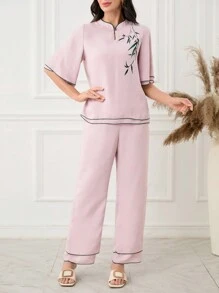 Lacomfia 2 pièces/Set Femmes Top casual imprimé col montant et pantalon long Ensemble