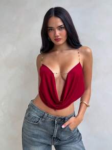 Aloruh Top casual de mujer con decoración de cadena simple, adecuado para vacaciones, Día de San Valentín, top sin espalda, conjuntos de vacaciones elegantes, conjuntos de playa, conjuntos de rave, vestido largo de top burdeos sexy para fiesta y playa, top ajustado bohemio rojo, vestidos de fiesta, conjuntos de rave y festival