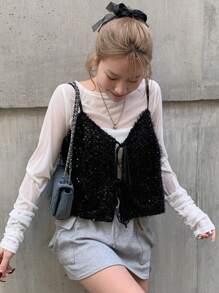 FRIFUL 女士圣诞亮片系带新年闪光上衣 - 黑色 - 查看 4