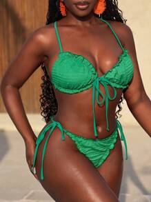 Slaydiva Ensemble bikini Top et bas à bretelles fines texturé unicolore pour femme, maillot de bain casual pour vacances à la plage en été