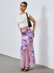 SHEIN Unity Purple Floral,Summer,Elegant,Party Mesh Insert Butterfly & Peony Print Bodycon Asymmetric Ruffle Hem Skirt With Waist Pleats, Retro Y2K Style - Purple - View 5