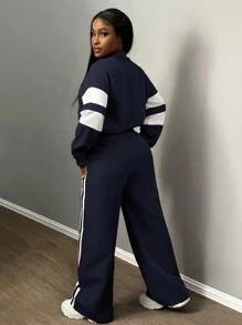 Slaydiva New Casual Sports Street Stand-Up Collar Zipper Long-Sleeved Off-Shoulder Jacket + Straight Wide-Leg Trousers Rose Purple With White And Black Ribbon Women's Two-Piece Set-A - Navy Blue - View 2
