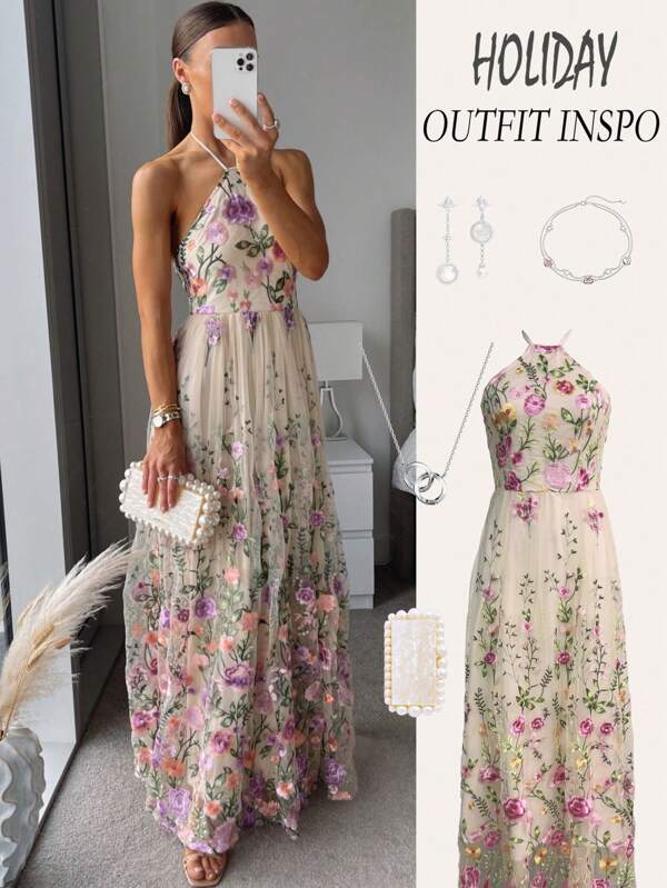 Breezaya Elegant Apricot Backless Tie Waist A-Line Floral Embroidered Dress