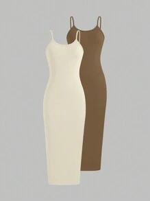 SHEIN Unity Einfarbiges, eng anliegendes Maxikleid mit Spaghettiträgern für Urlaubsoutfit Damen - Verschiedenfarbig - Übersicht 1