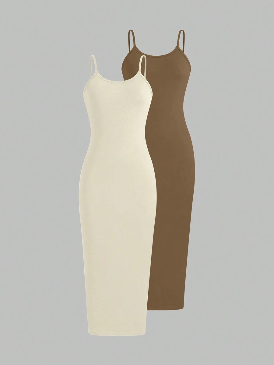 SHEIN Unity Einfarbiges, eng anliegendes Maxikleid mit Spaghettiträgern für Urlaubsoutfit Damen - Verschiedenfarbig - Übersicht 1