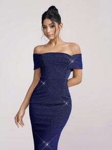 SHEIN Belle Elegant Navy Blue Open Shoulder Off Shoulder Long Sleeve Mermaid Hem Maxi Evening Dress, Bridesmaid Dress, Wedding Guest Dress Music Festival Spring/Summer, Party Dress, Formal Dress,Gown - Navy Blue - View 5