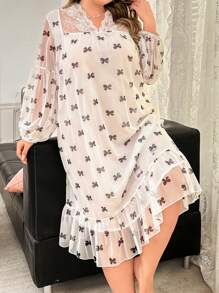 Plus Size Lightweight See-Through Lace Night Dress, Suitable For Spring/Summer - White - View 2