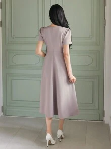 Wynsel Women's Short Sleeve V-Neck Bowknot Decor Dress Elegant Sundress