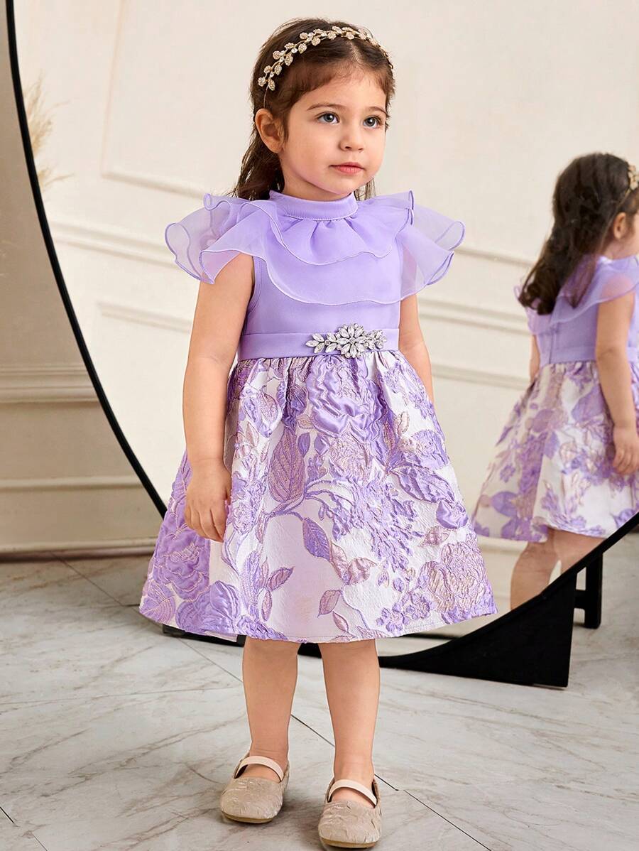 SHEIN Leap Crew Baby Girl Sweet Shoulder Attach Waisted Mid-Length Dress - Pink - View 1