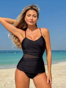 Swim Lushoire Women Black Solid Stretch Black Contrast Mesh Tankini Set, Suitable For Holiday And Travel, For Summer Beach Vacation - Black - View 3