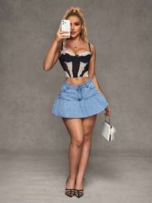 SHEIN BAE Minifalda de jean con bolsillos y bajo con volante para mujer - Azul - Ver 5