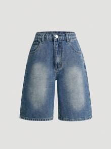 SHEIN Pantalones cortos vaqueros casuales de pierna recta y ajuste holgado con lavado vintage para adolescentes