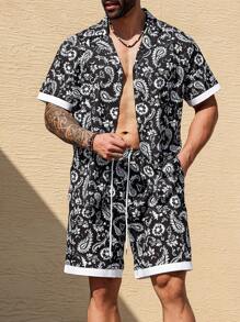 Manfinity RSRT Męski zestaw koszuli z krótkim rękawem i spodenkami w dużym rozmiarze Paisley Floral - Czarne - Zobacz 1