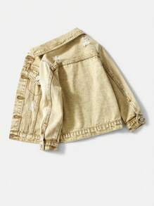 Unisex Young Kids Causal Urban Street Neutral Khaki Stone Wash Ripped Relax Fit Button Front Fastening Denim Jacket,Spring Summer Must Have Daily Fashion Item
