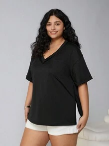 SHEIN EZwear Damen T-Shirt in Große Größen, schwarz, Kurzarm, V-Ausschnitt mit Tasche, Frühling/Sommer