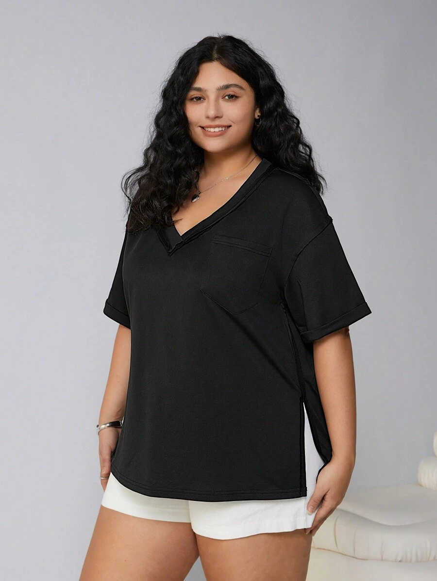 SHEIN EZwear Damen T-Shirt in Große Größen, schwarz, Kurzarm, V-Ausschnitt mit Tasche, Frühling/Sommer