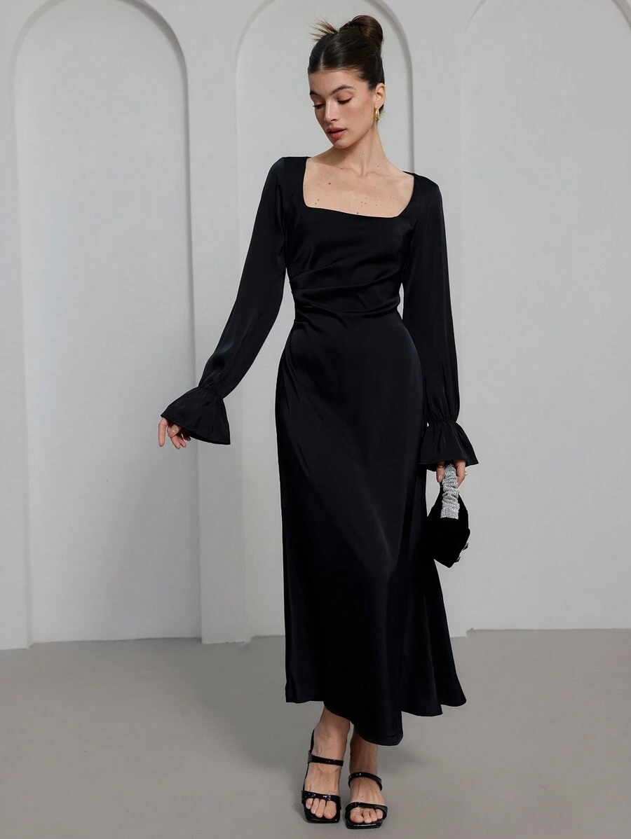 SHEIN Unity 优雅复古法式方领收腰荷叶边超长女式连衣裙 - 黑色 - 查看 1