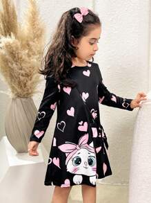 Knitted Loose Casual Cat Print Round Neck Dress And Crossbody Bag For Young Girls - Black - View 7