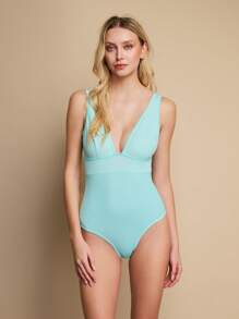 TryMe Elegant Solid Deep V-Neck Backless Bodysuit For Women - Blue - View 5