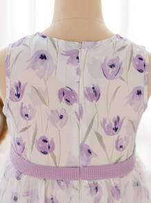 SHEIN Young Girl Floral Print Mesh Dress & Ruffled Cap Sleeve Check Pattern Top , Spring/Summer,Easter - Mauve Purple - View 6