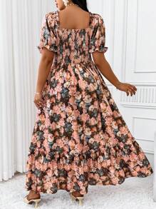 SHEIN Clasi Plus Size Vintage French Floral Rose Print Waisted A-Line Maxi Dress With Puff Sleeves & Ruffle Hem, Summer Easter Wear - Multicolor - View 2